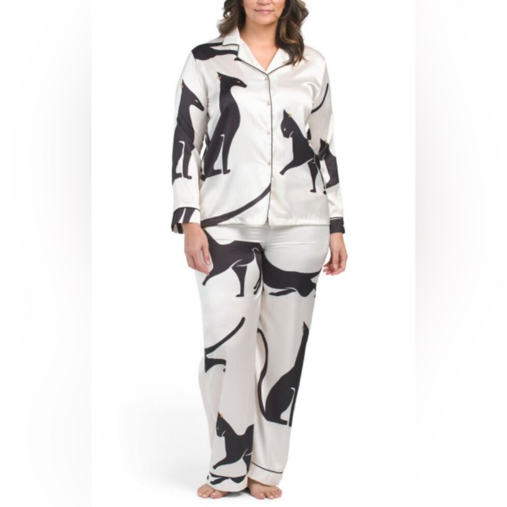 NWT Dalia MacPhee Black and White 2pc Cat Satin Pajama Set XL